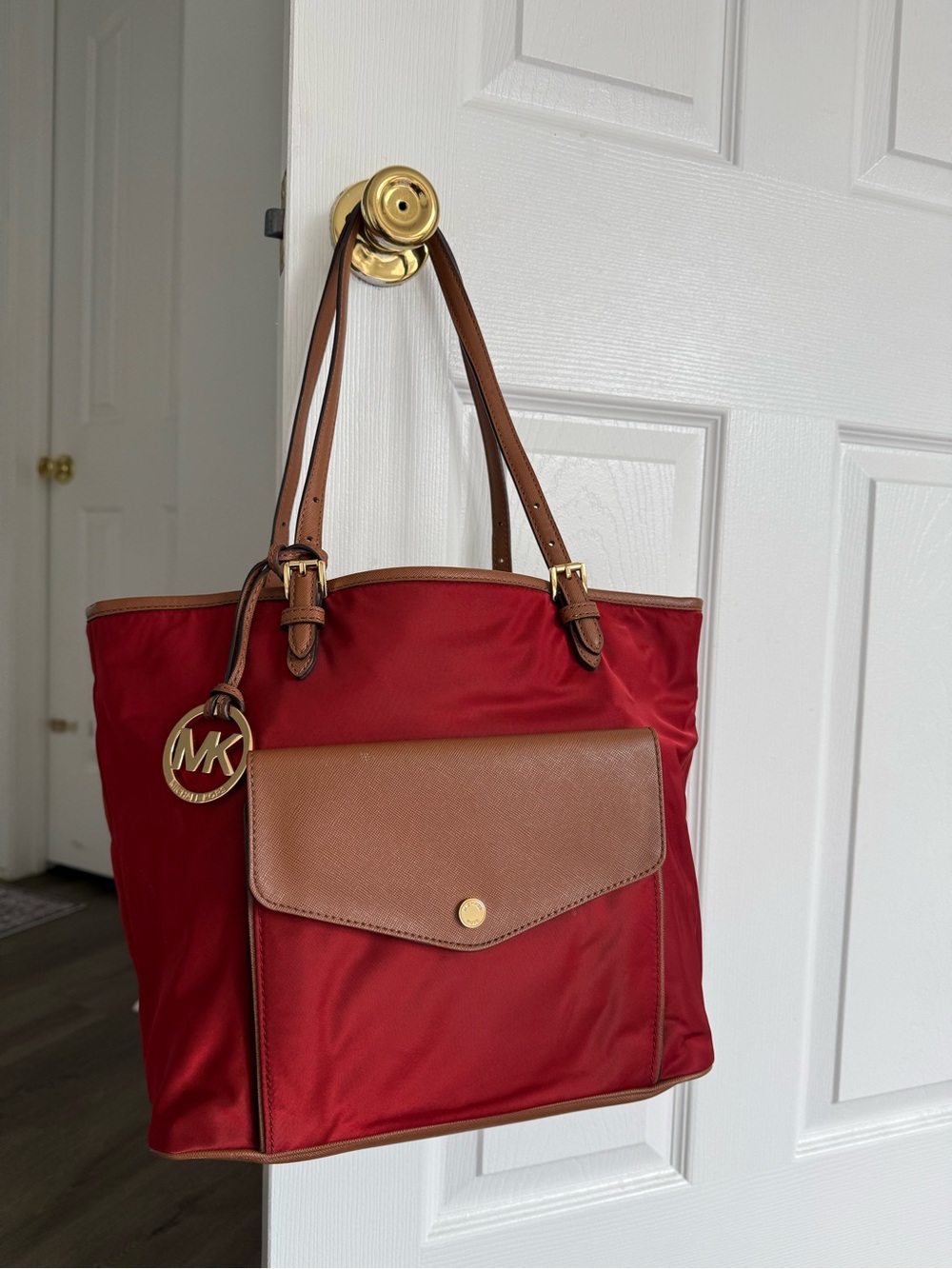 Michael Kors Red Tote with Brown Leather Trim and Gold Hardware